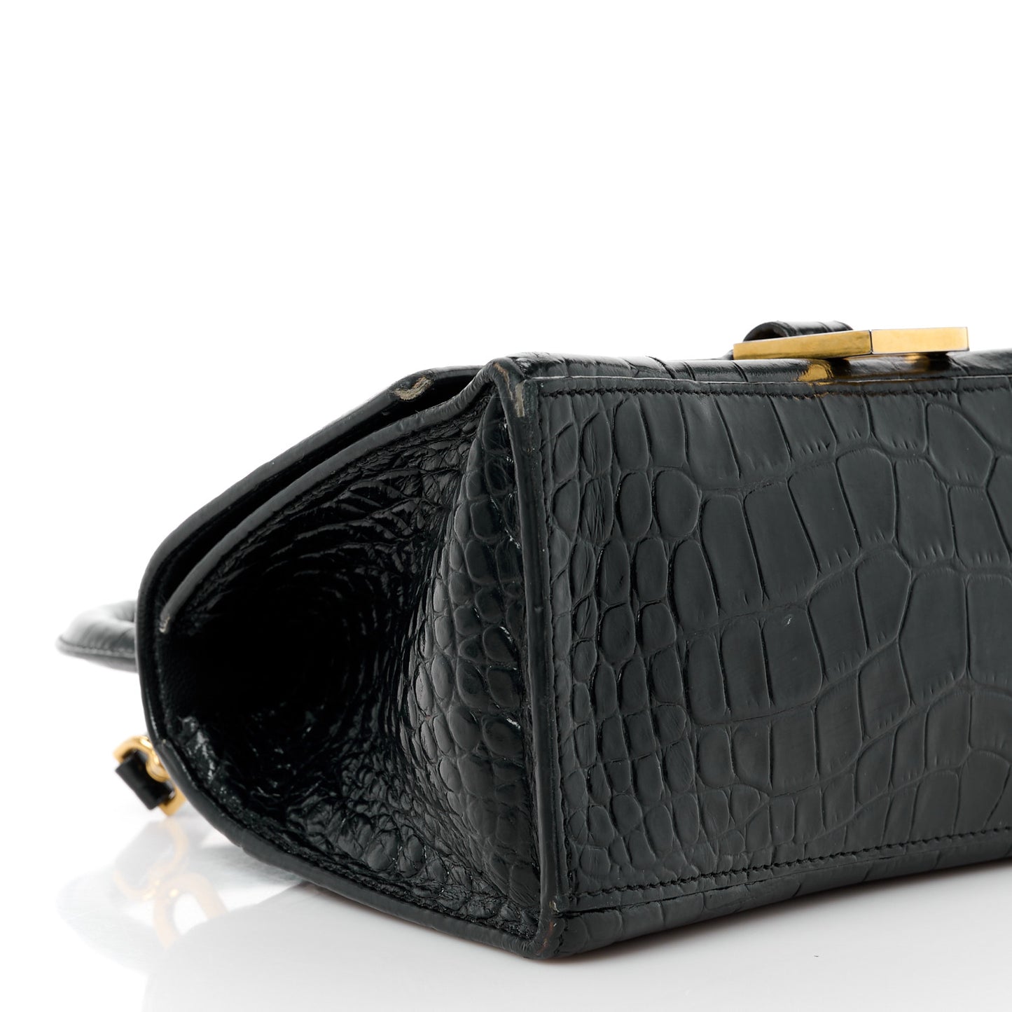 Shiny Calfskin Crocodile Embossed Small Hourglass Top Handle Bag Black