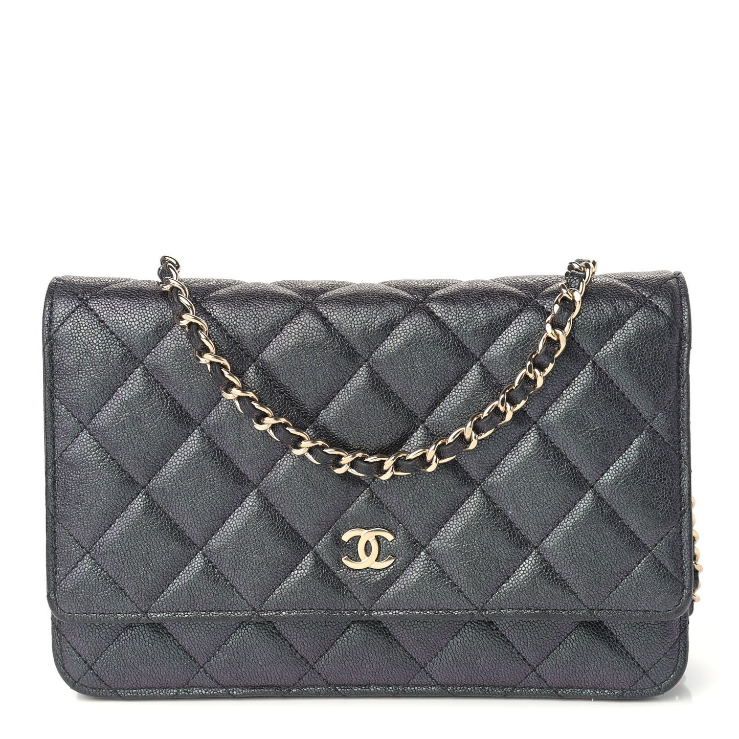 Iridescent Caviar Quilted Wallet On Chain WOC Black