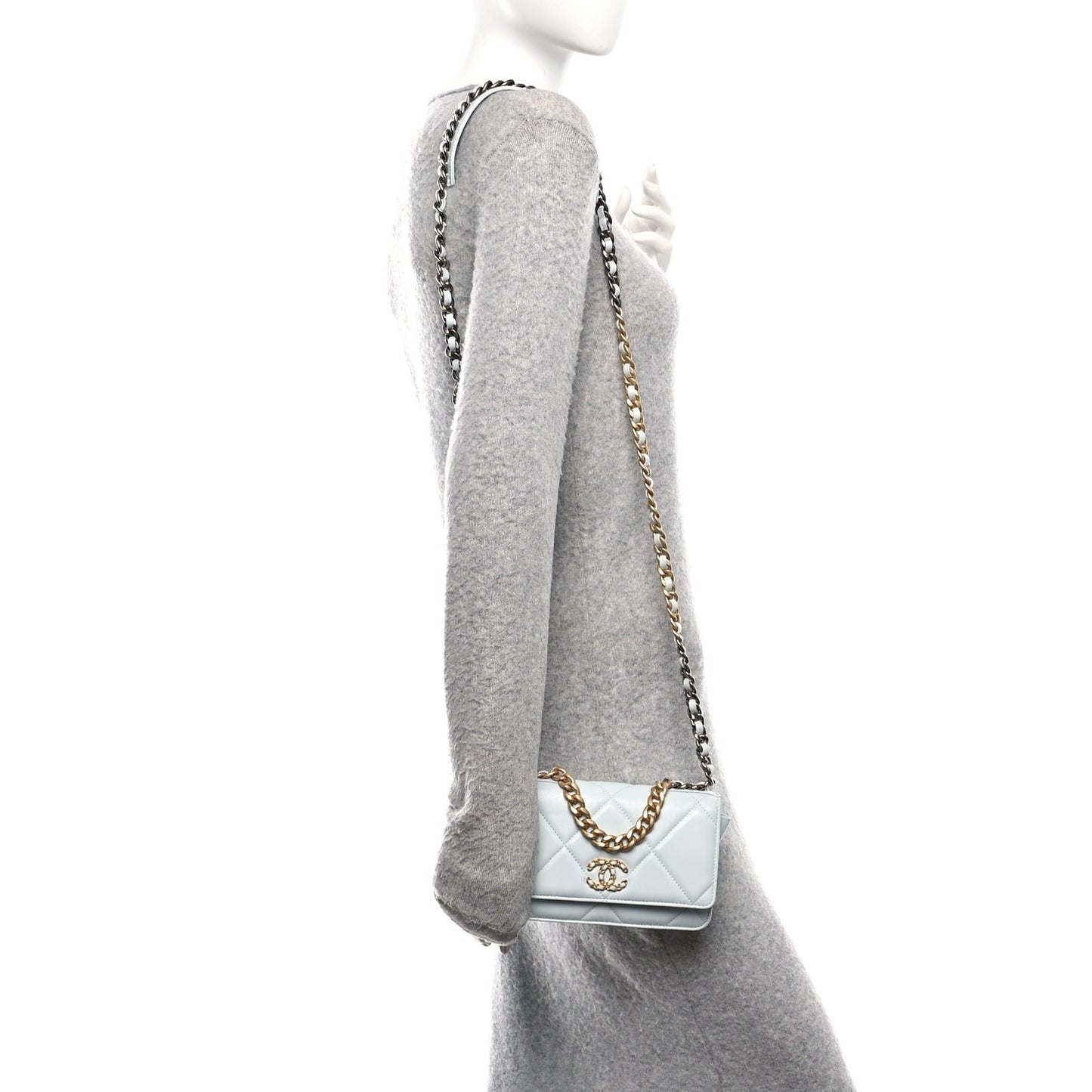 Lambskin Quilted Chanel 19 Wallet On Chain WOC Light Blue