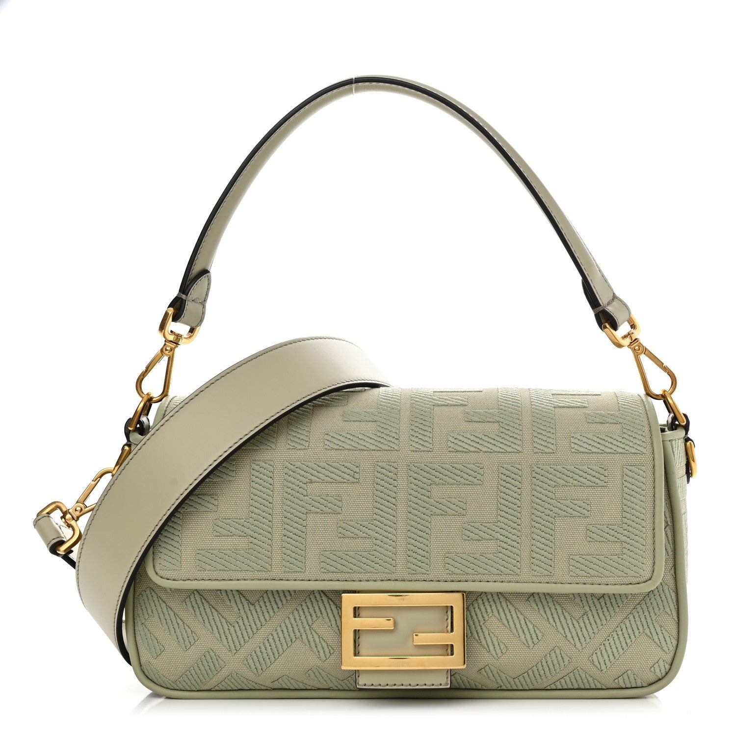 Fendi Canvas Vitello King FF Embroidered Baguette Green Tea 1 of 10