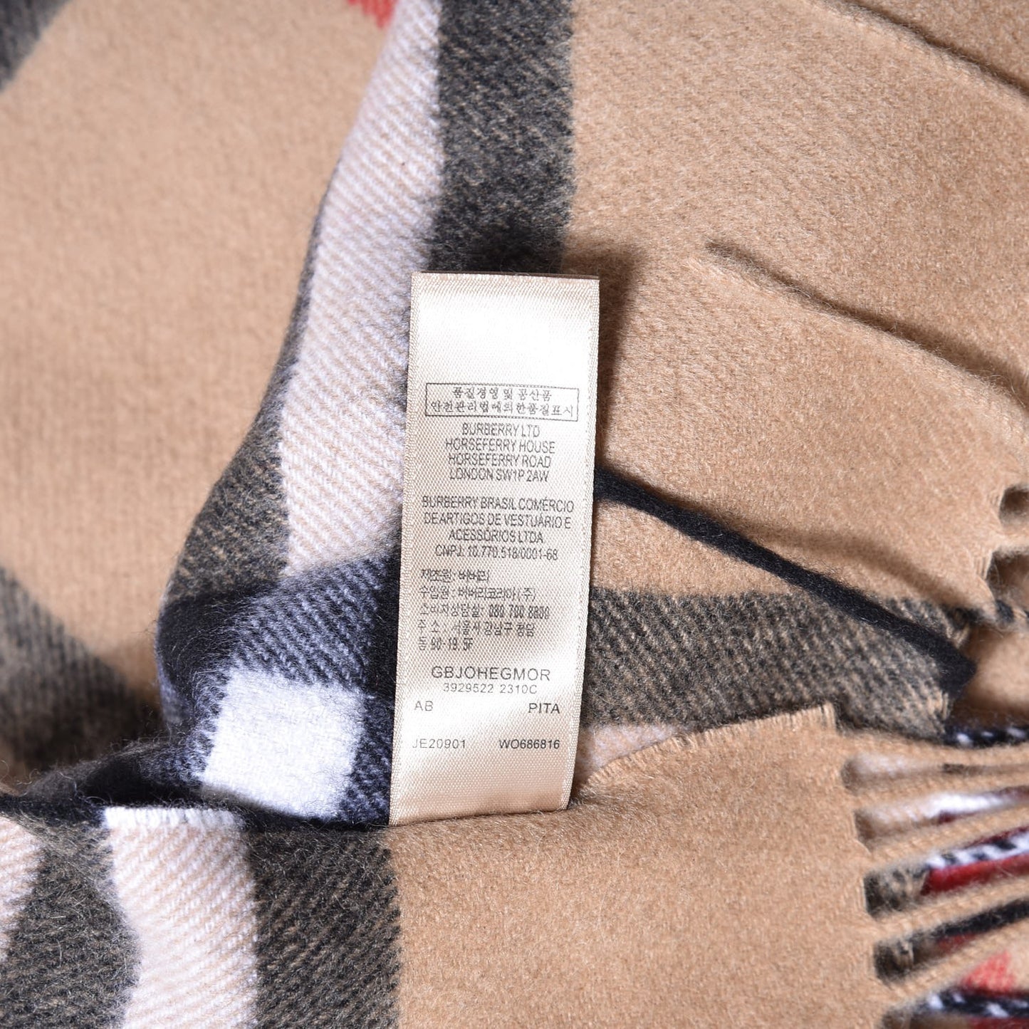 Cashmere Giant Check Fringe Scarf Camel