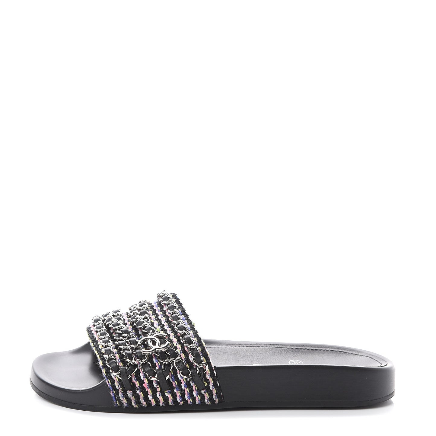 Tweed Lambskin Chain Flat Sandals 36 Black Multicolor