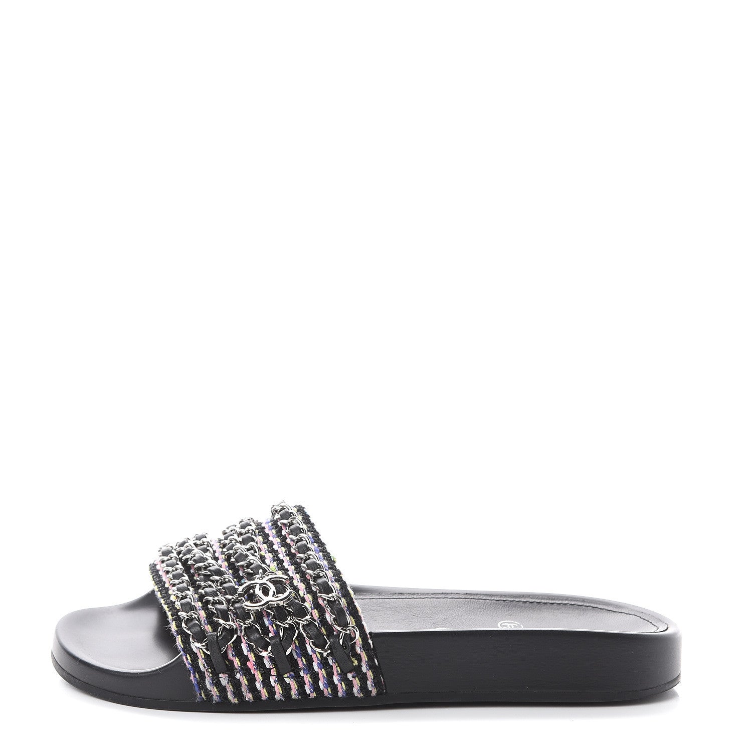 Chanel Tweed Lambskin Chain Flat Sandals 36 Black Multicolor 1 of 7
