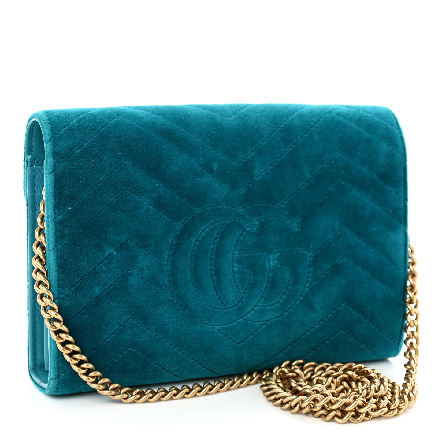 Velvet Matelasse GG Marmont Chain Wallet Pavone Cyan