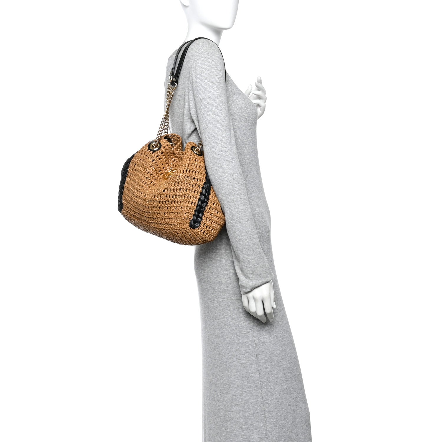 Gucci Raffia Effect Medium GG Marmont Shoulder Tote Bag Natural Black 2 of 10