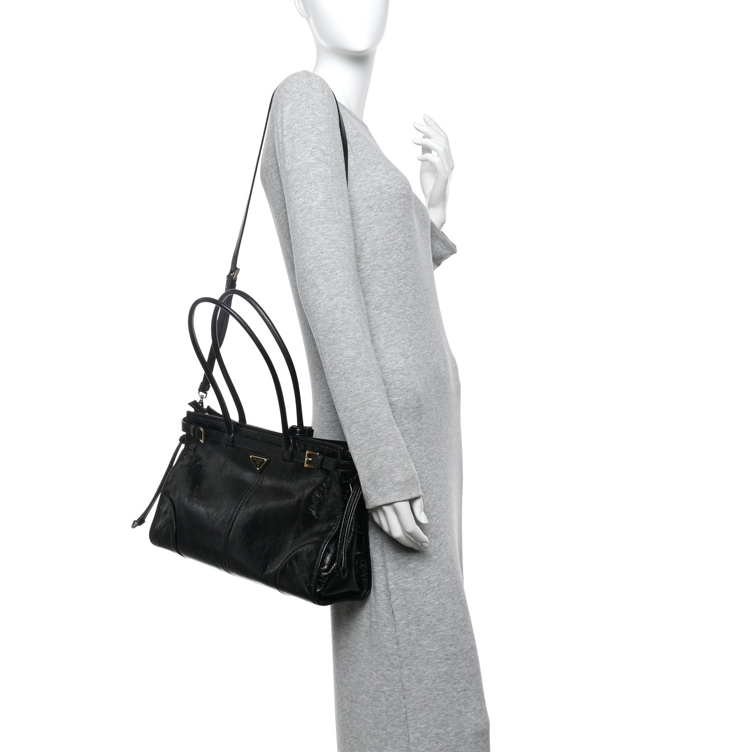 Prada Glossy Calfskin Triangle Large Bonnie Shoulder Bag Black 3 of 19
