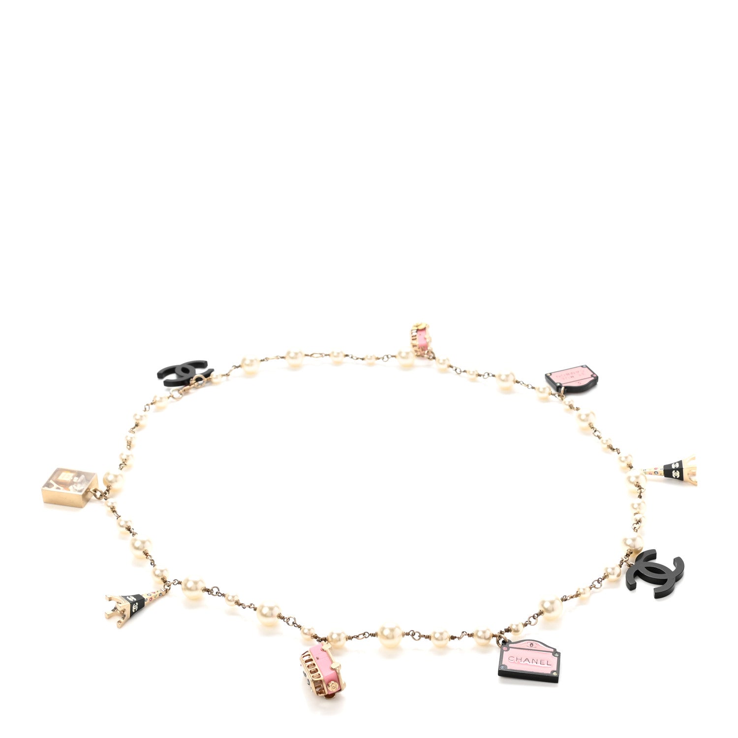 Chanel Pearl Resin Crystal CC Charm Necklace Gold Pink Black 1 of 9