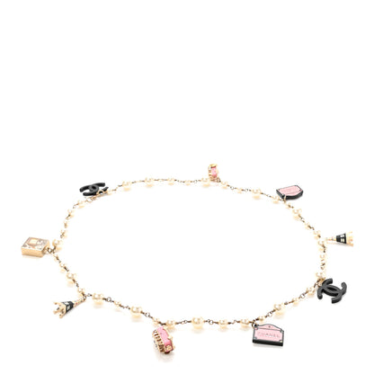 Chanel Pearl Resin Crystal CC Charm Necklace Gold Pink Black 1 of 9