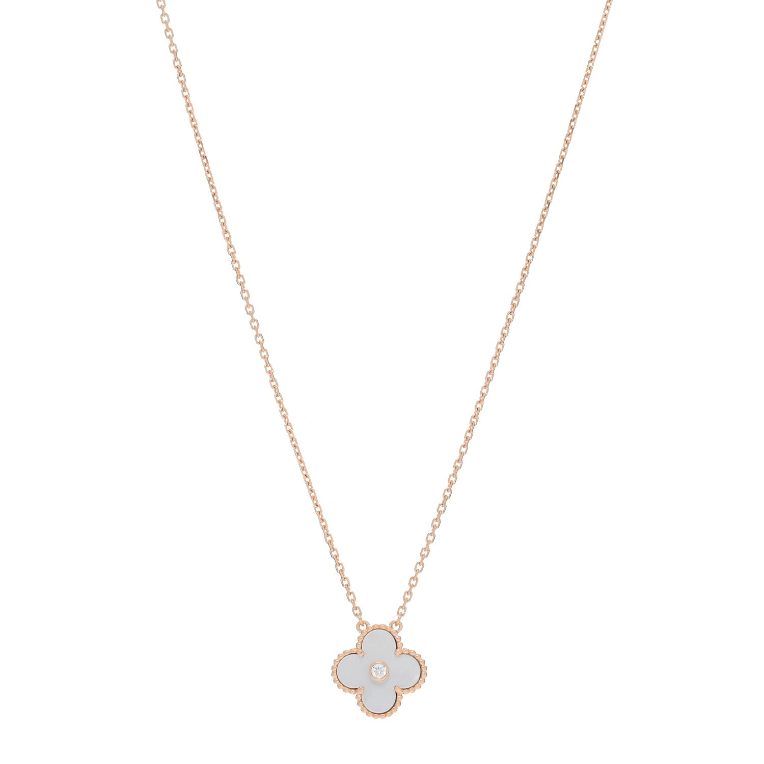 Van Cleef & Arpels 18K Rose Gold Diamond Mother of Pearl Vintage Alhambra Pendant Necklace 1 of 4