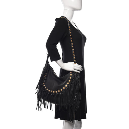 Valentino Garavani Grained Calfskin C-Rockee Fringe Hobo Black 2 of 19