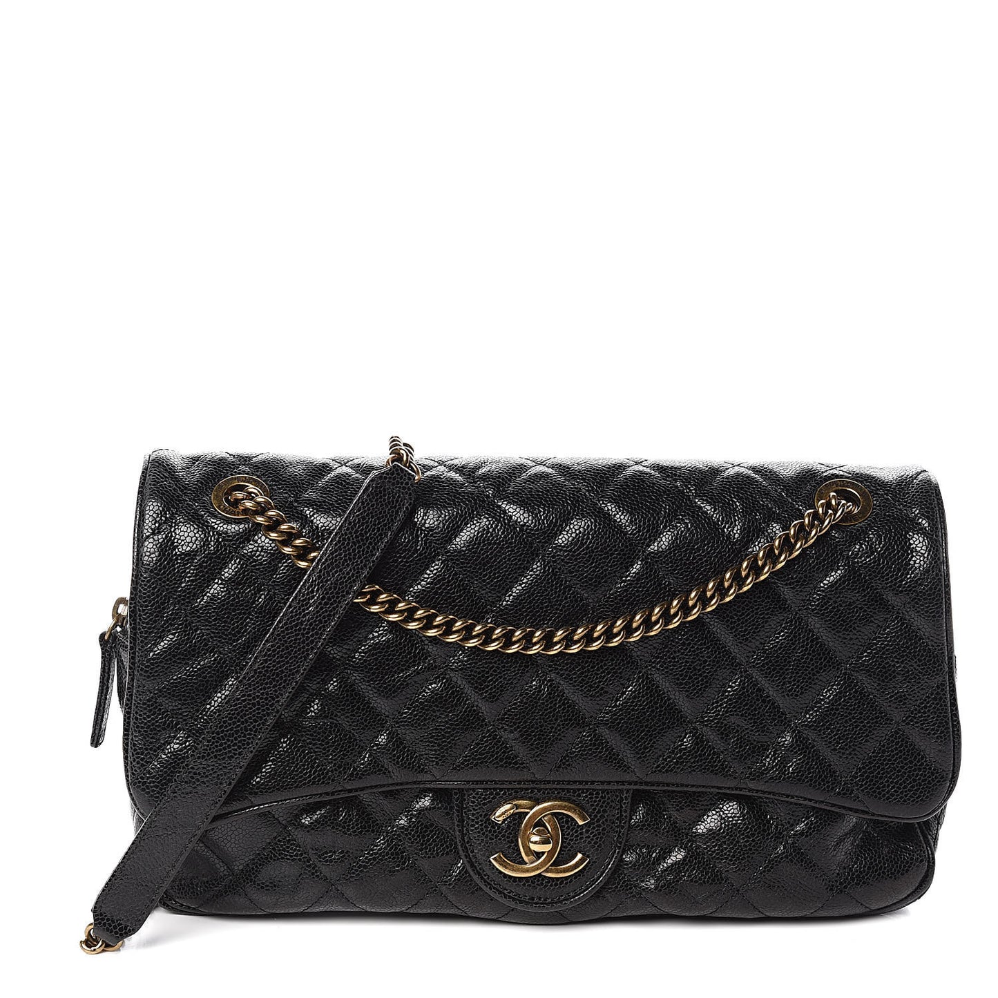 Crumpled Grained Calfskin Quilted Large Shiva Flap Black