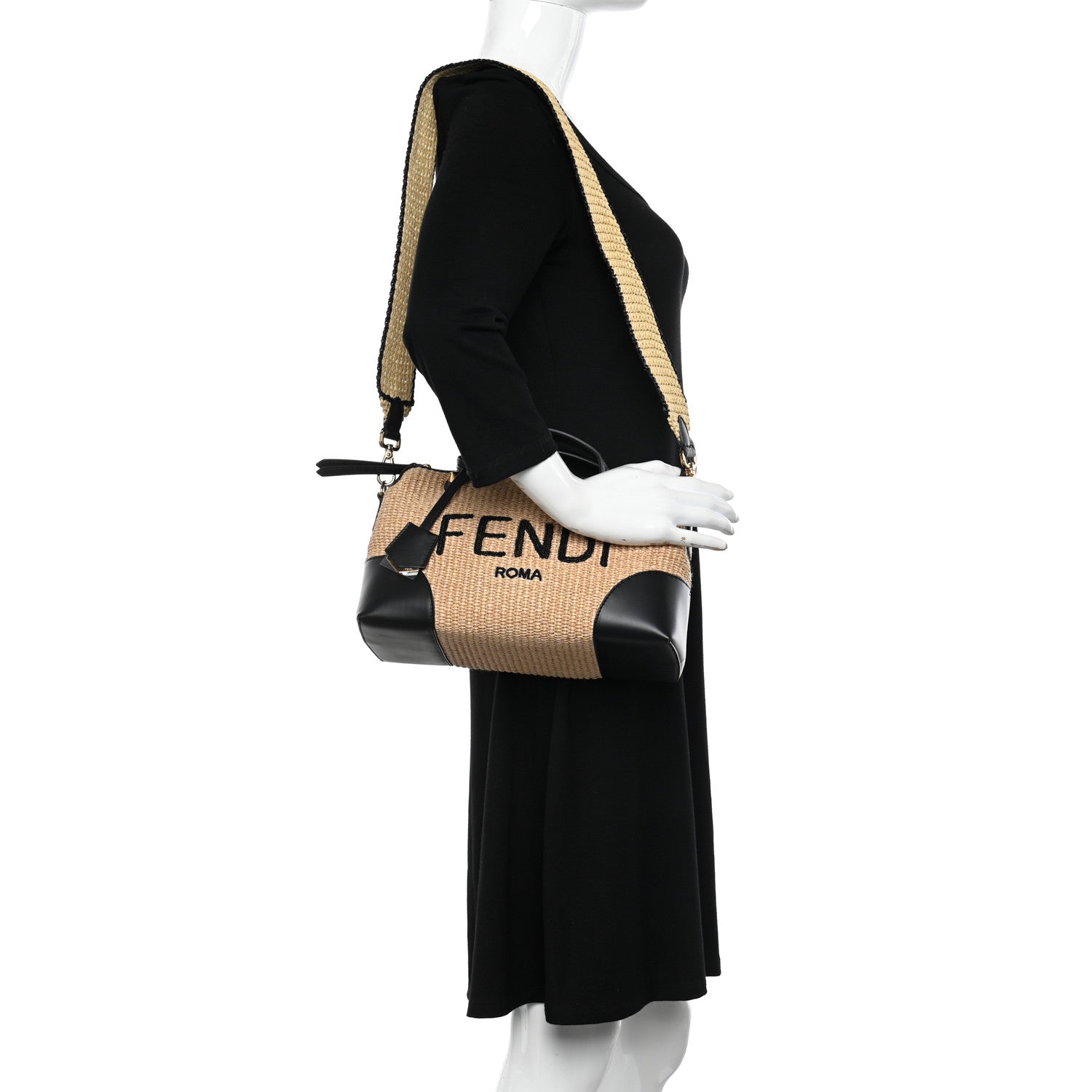 Fendi Straw Vitello King Logo Woven Medium By The Way Boston Bag Paglia Black 2 of 10