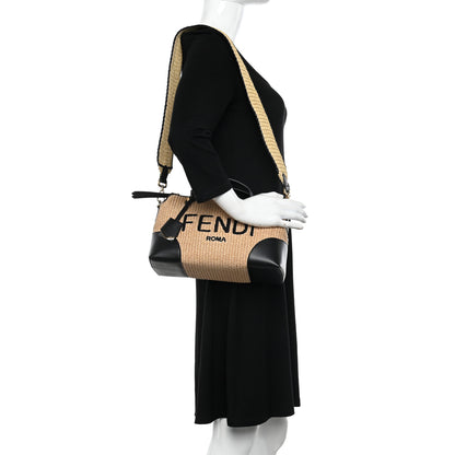 Fendi Straw Vitello King Logo Woven Medium By The Way Boston Bag Paglia Black 2 of 10