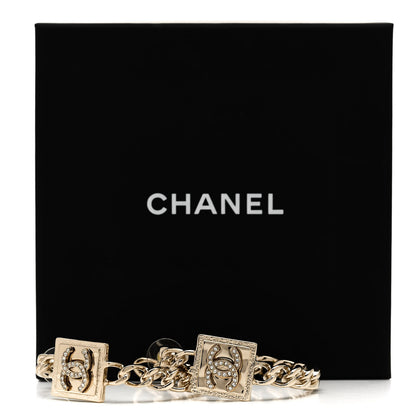 Chanel Metal Crystal CC Square Chain Hoop Earrings Gold 5 of 5