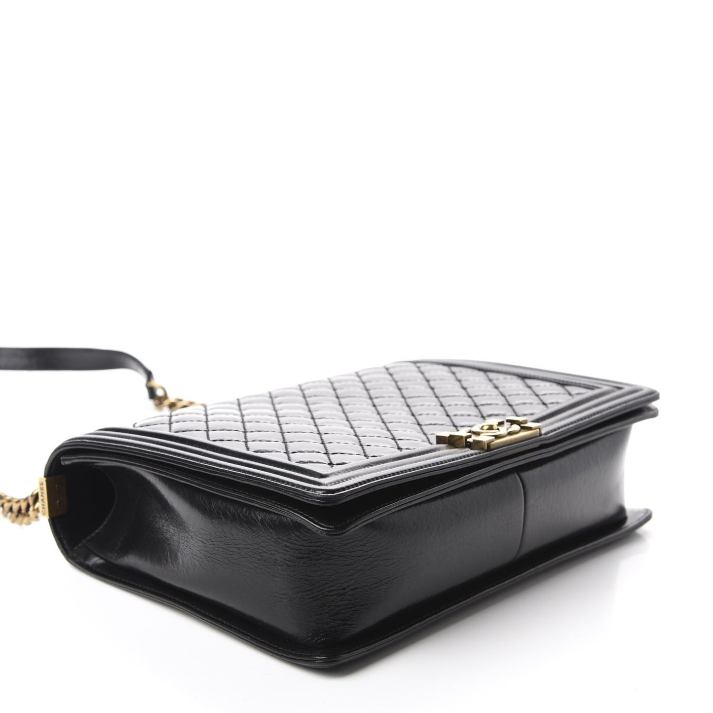 Glazed Calfskin Quilted Large Boy Flap Black