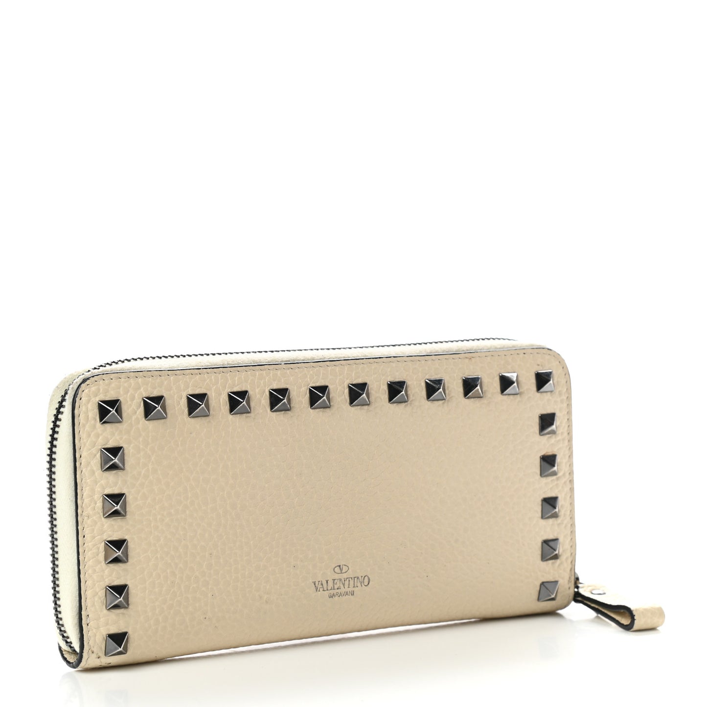 Pebbled Calfskin Rockstud Zip Around Wallet Ivory