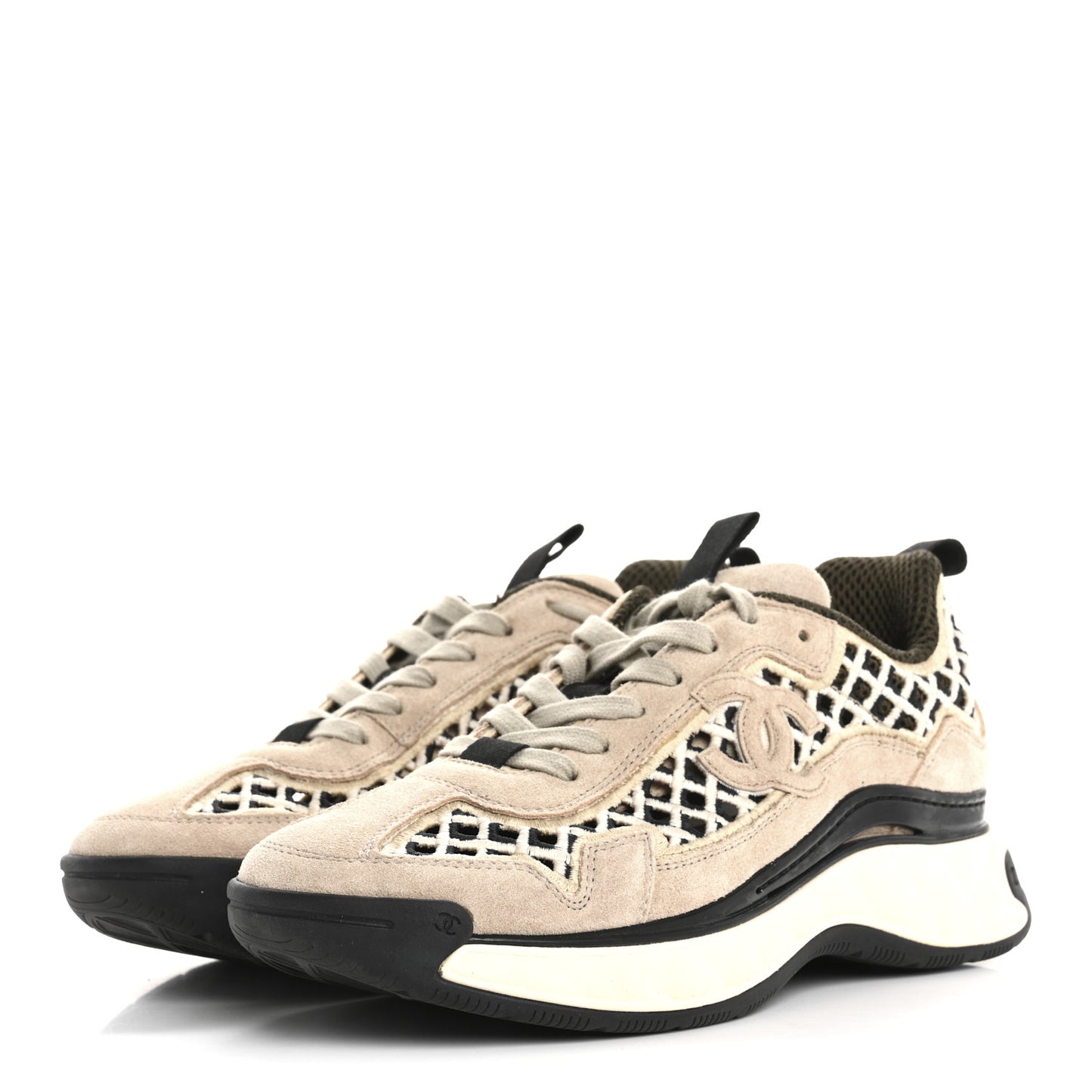 Suede Calfskin Embroidered CC Sneakers 38 Beige Black