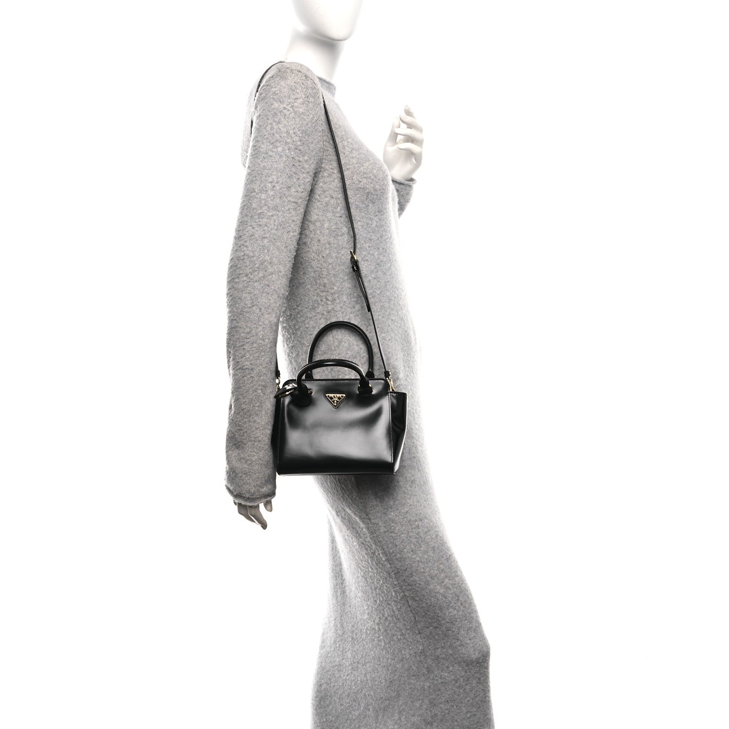 Prada Brushed Calfskin Mini Zippered Crossbody Tote Black 2 of 9