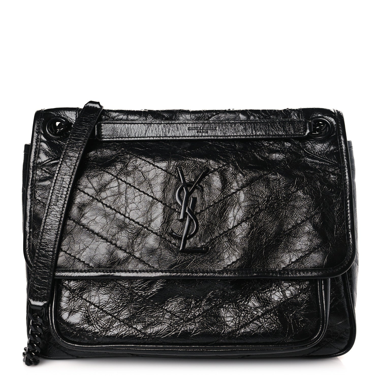 Saint Laurent Crinkled Calfskin Matelasse Monogram Medium Niki Chain Satchel Black 1 of 8