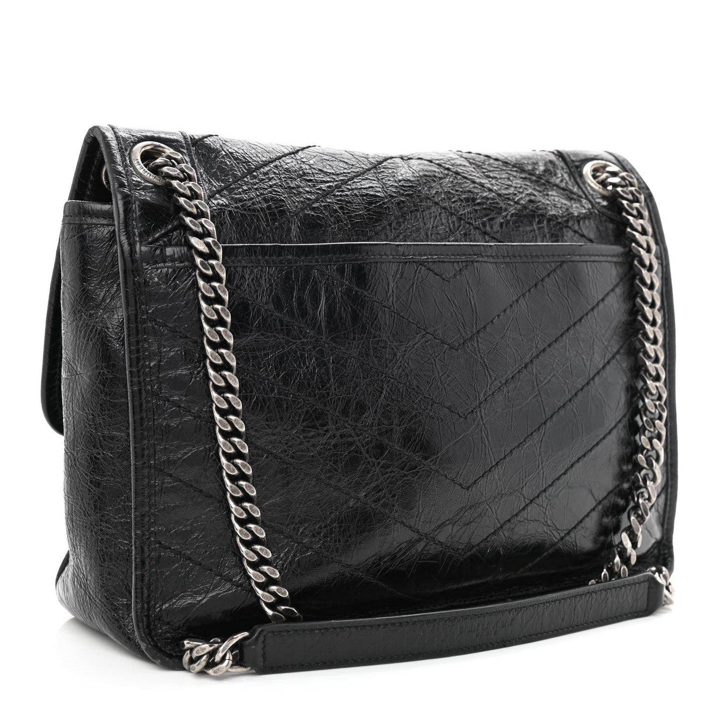 Crinkled Calfskin Matelasse Monogram Medium Niki Chain Satchel Black