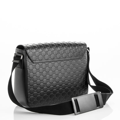 Gucci Guccissima Signature Medium Double Buckle Flap Messenger Bag Black 3 of 7