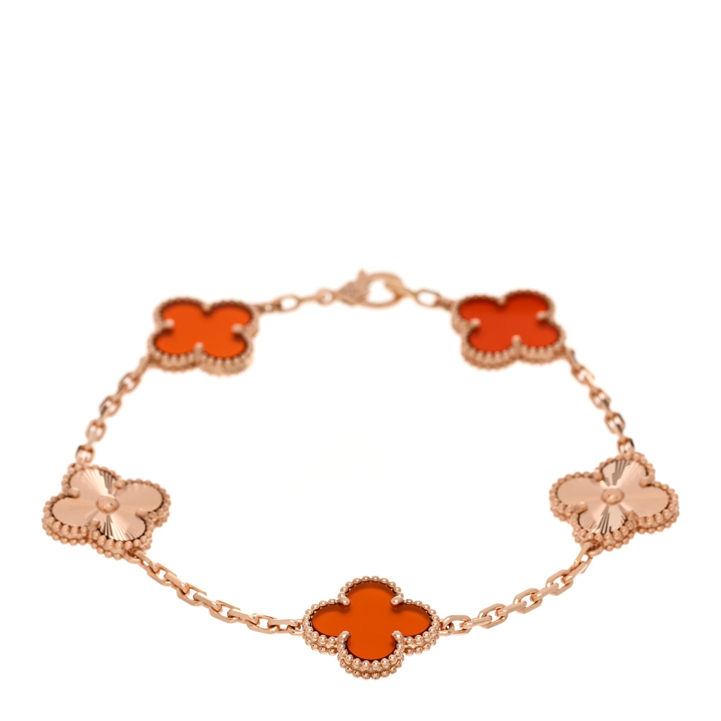 18K Rose Gold Carnelian 5 Motifs Guilloche Vintage Alhambra Bracelet