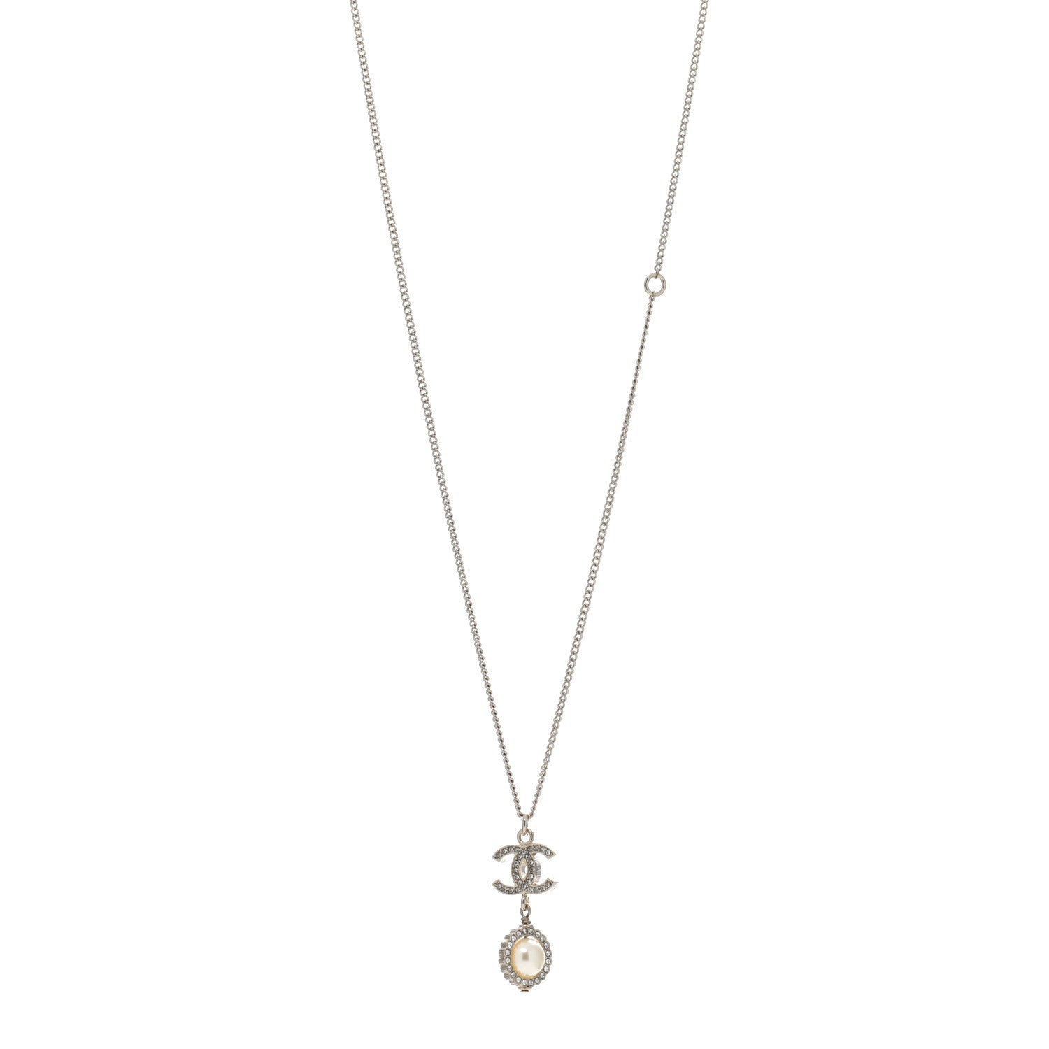 Chanel Crystal Pearl CC Lace Camellia Necklace Silver 1 of 4