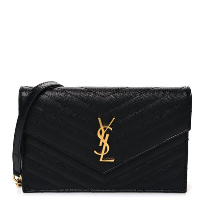 Saint Laurent Grain De Poudre Matelasse Chevron Monogram Envelope Chain Wallet Black 1 of 12