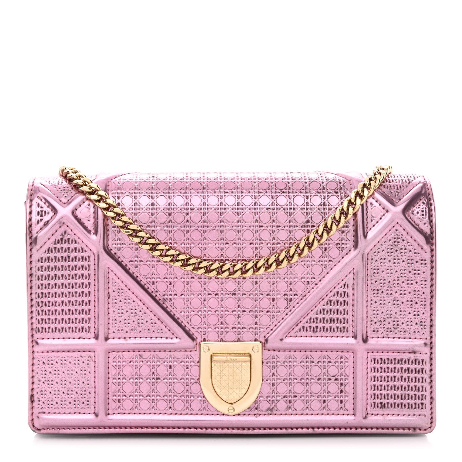 Christian Dior Metallic Patent Micro-Cannage Diorama Wallet on Chain Pouch Pink 1 of 20