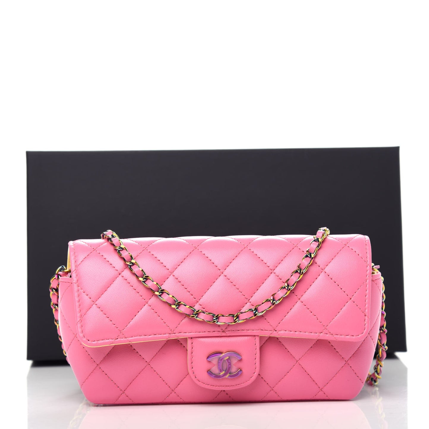 Lambskin Quilted Glasses Case With Chain Pink Yellow