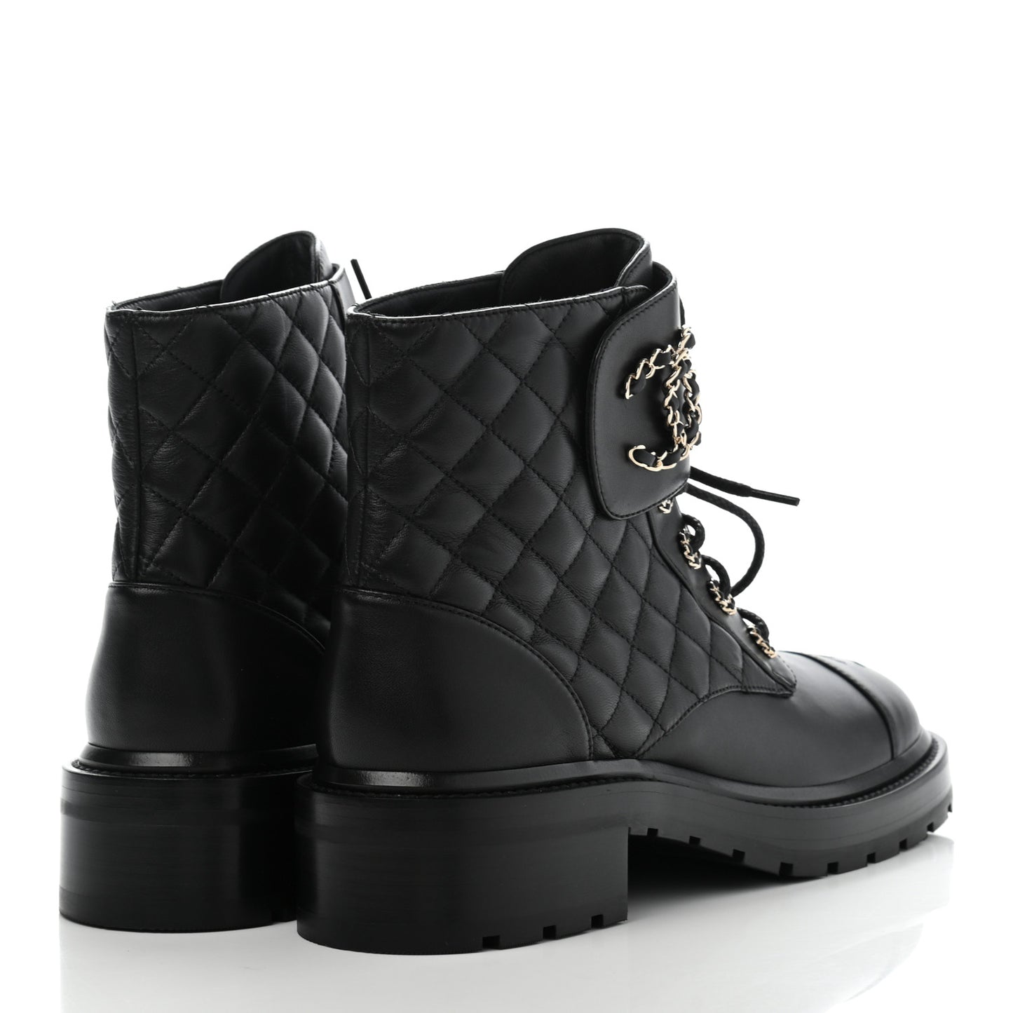 Shiny Lambskin Quilted Lace Up Combat Boots 40.5 Black