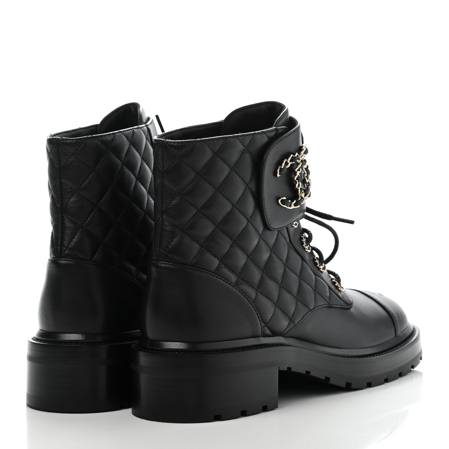 Chanel Shiny Lambskin Quilted Lace Up Combat Boots 40.5 Black 4 of 14