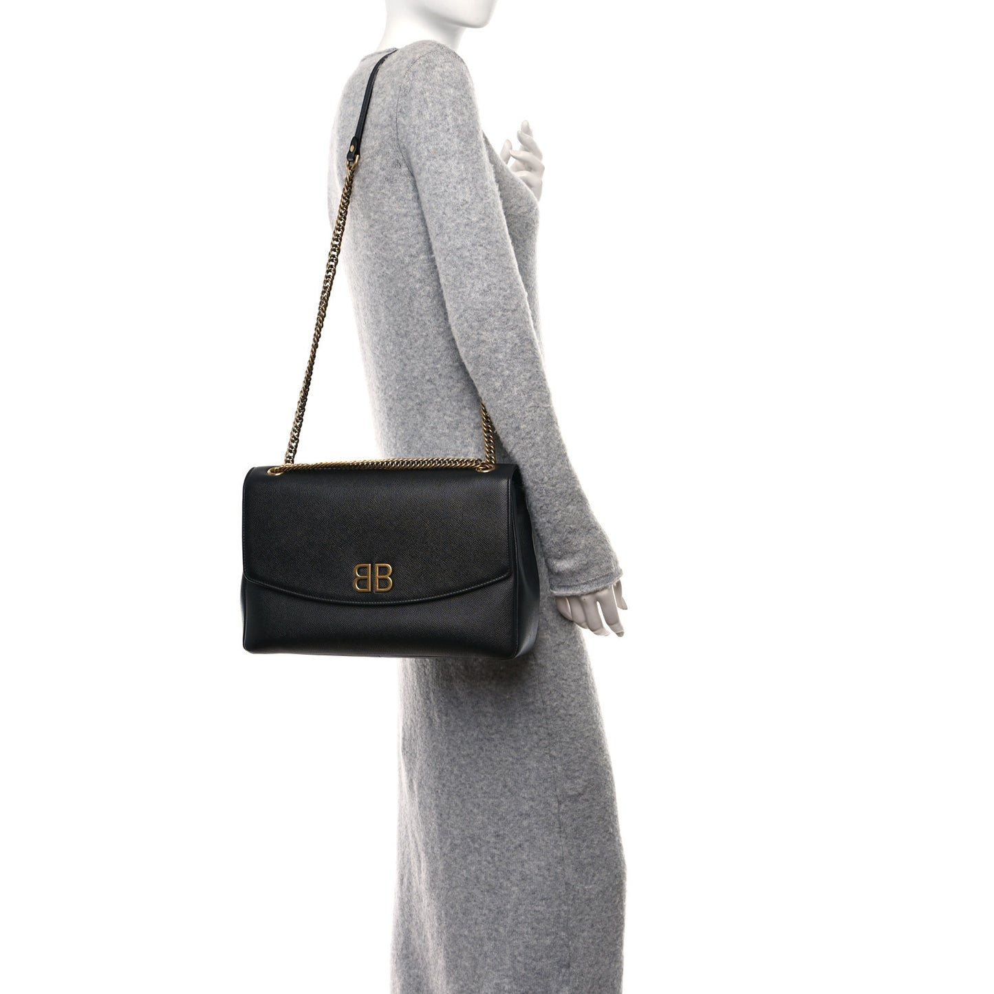 Grained Calfskin BB Round Shoulder Bag Black