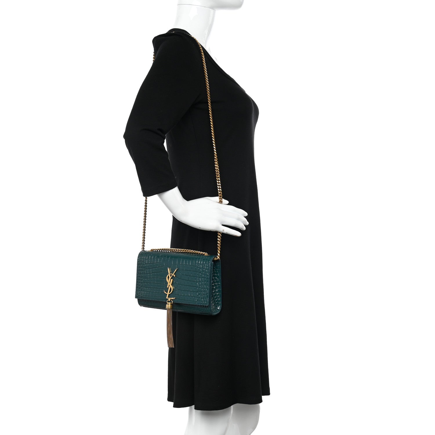 Saint Laurent Calfskin Crocodile Embossed Small Classic Monogram Kate Tassel Satchel Dark Green 2 of 10