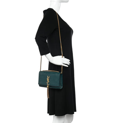 Saint Laurent Calfskin Crocodile Embossed Small Classic Monogram Kate Tassel Satchel Dark Green 2 of 10