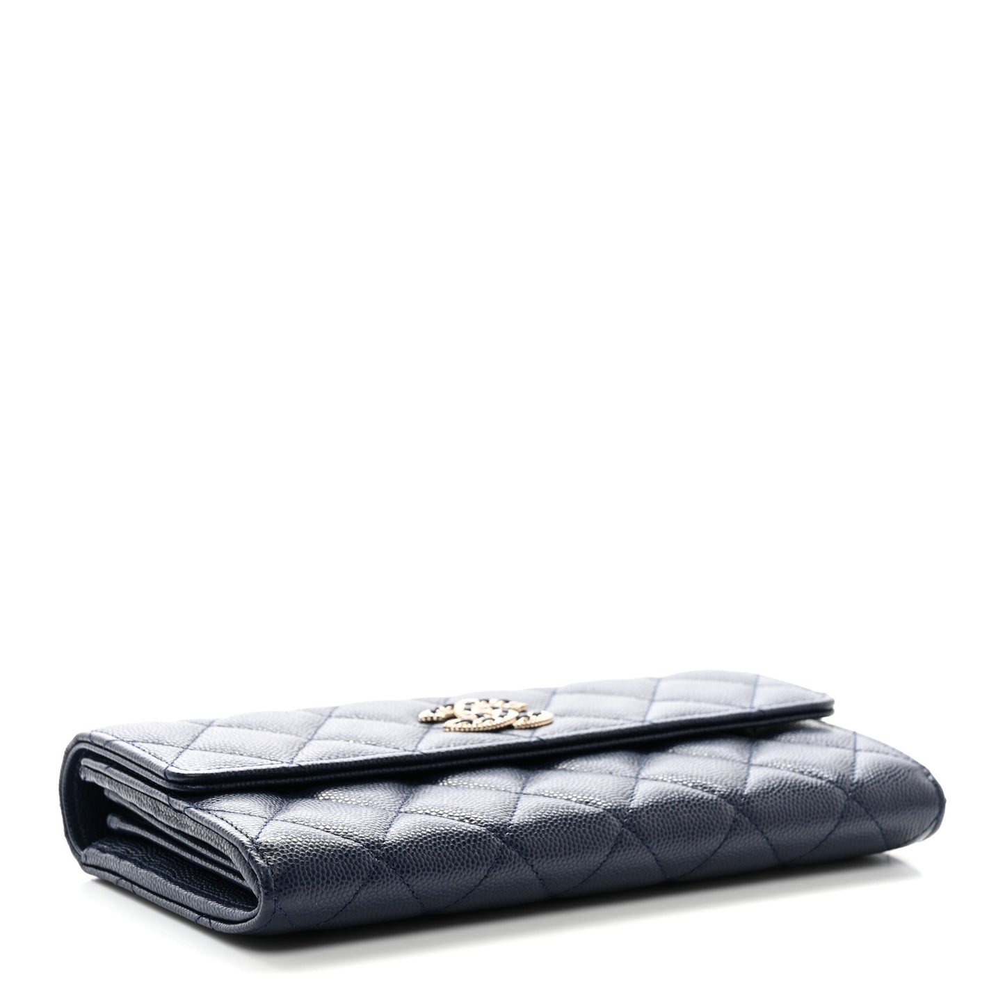 Caviar Quilted Crystal Long Flap Wallet Navy Blue