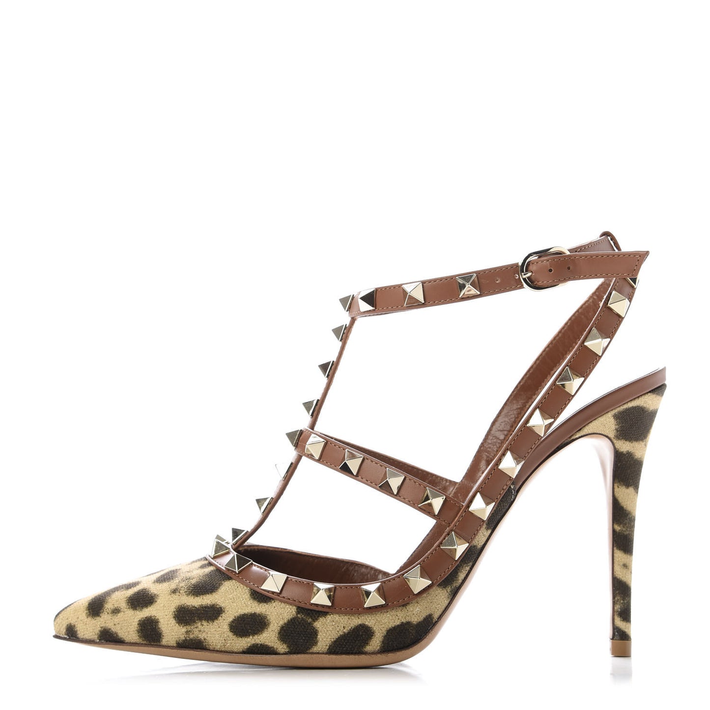 Canvas Leopard Print Rockstud Ankle Strap Pumps 38.5 Tan