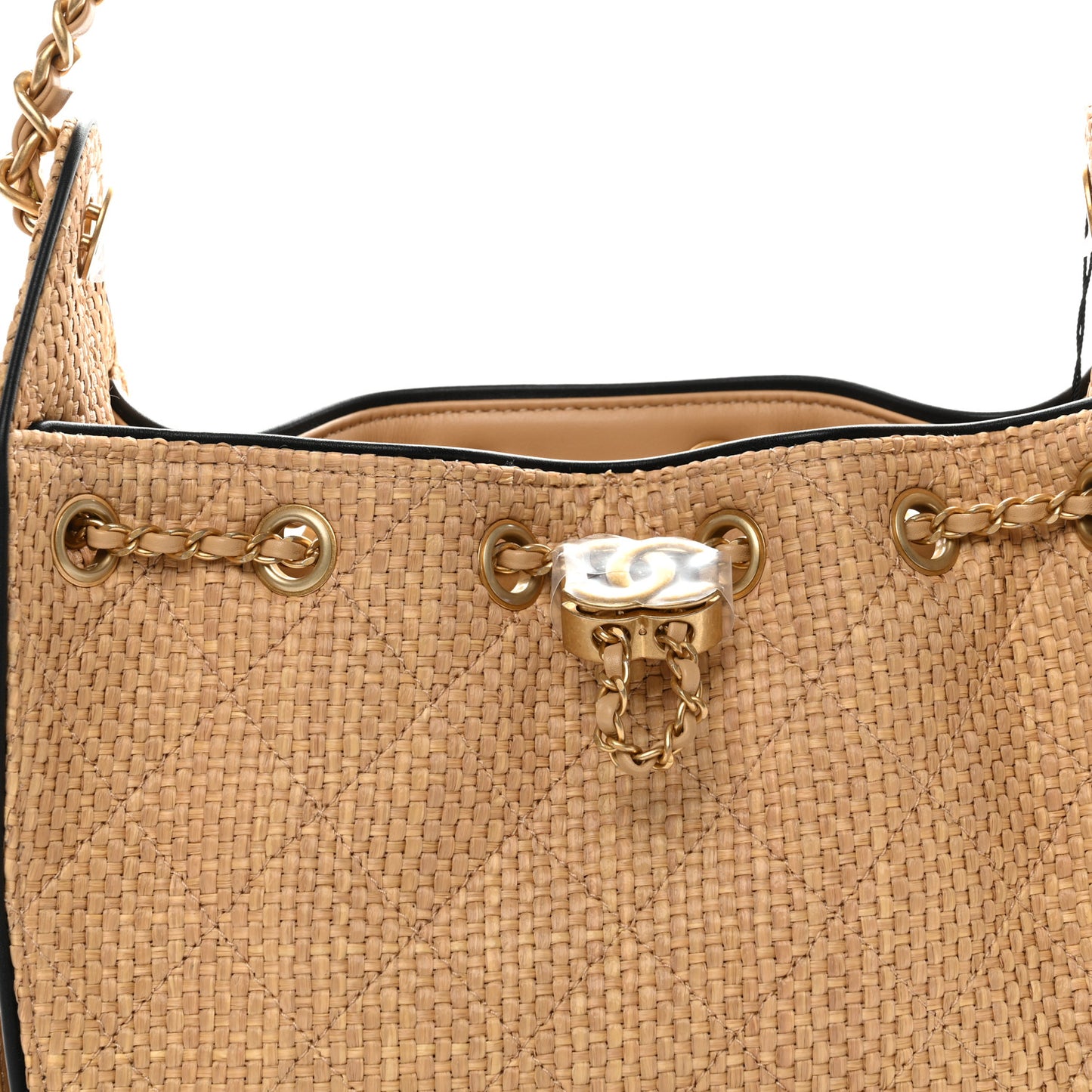 Braided Raffia Calfskin Quilted Mini Chanel 25 Handbag Beige Black