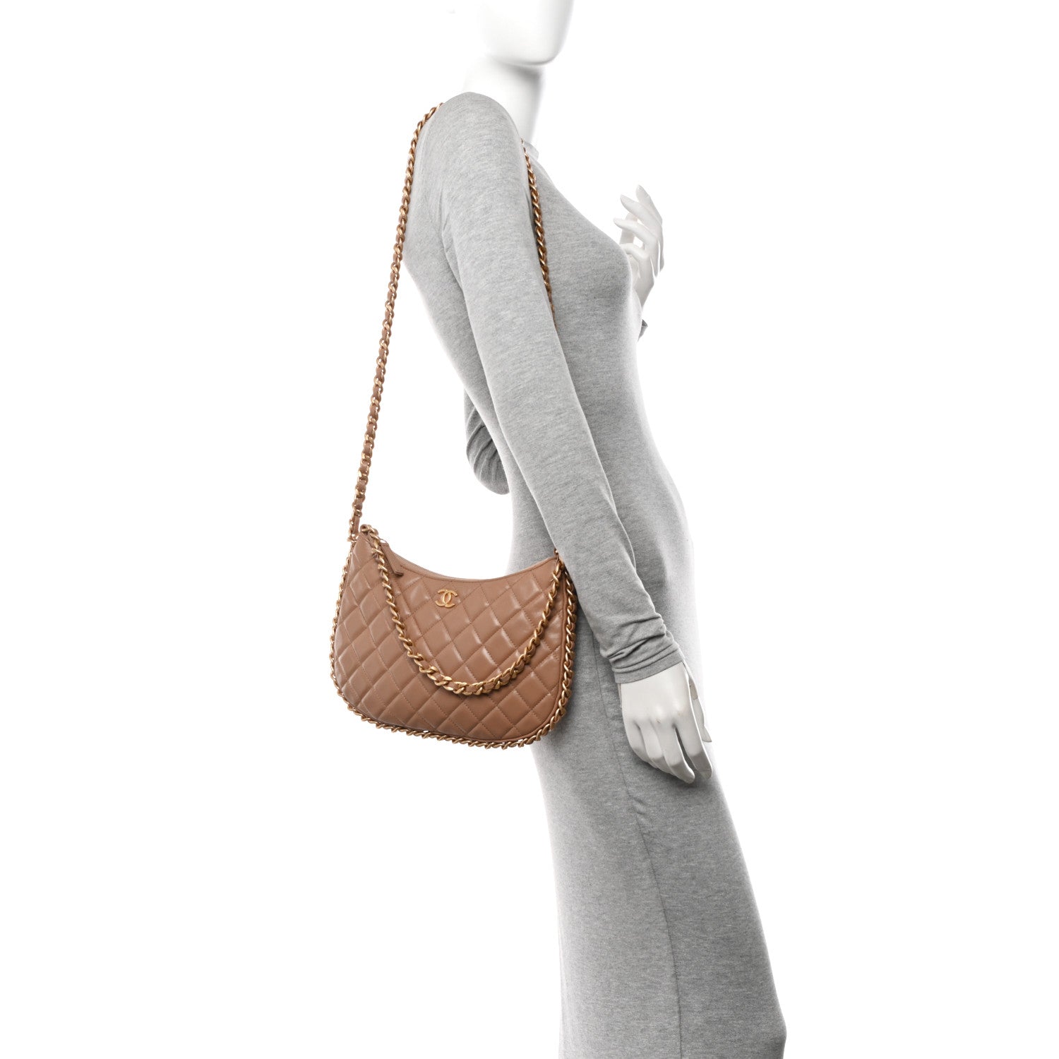 Chanel Shiny Crumpled Lambskin Quilted Large Trendy Chain Around Hobo Dark Beige 3 of 11