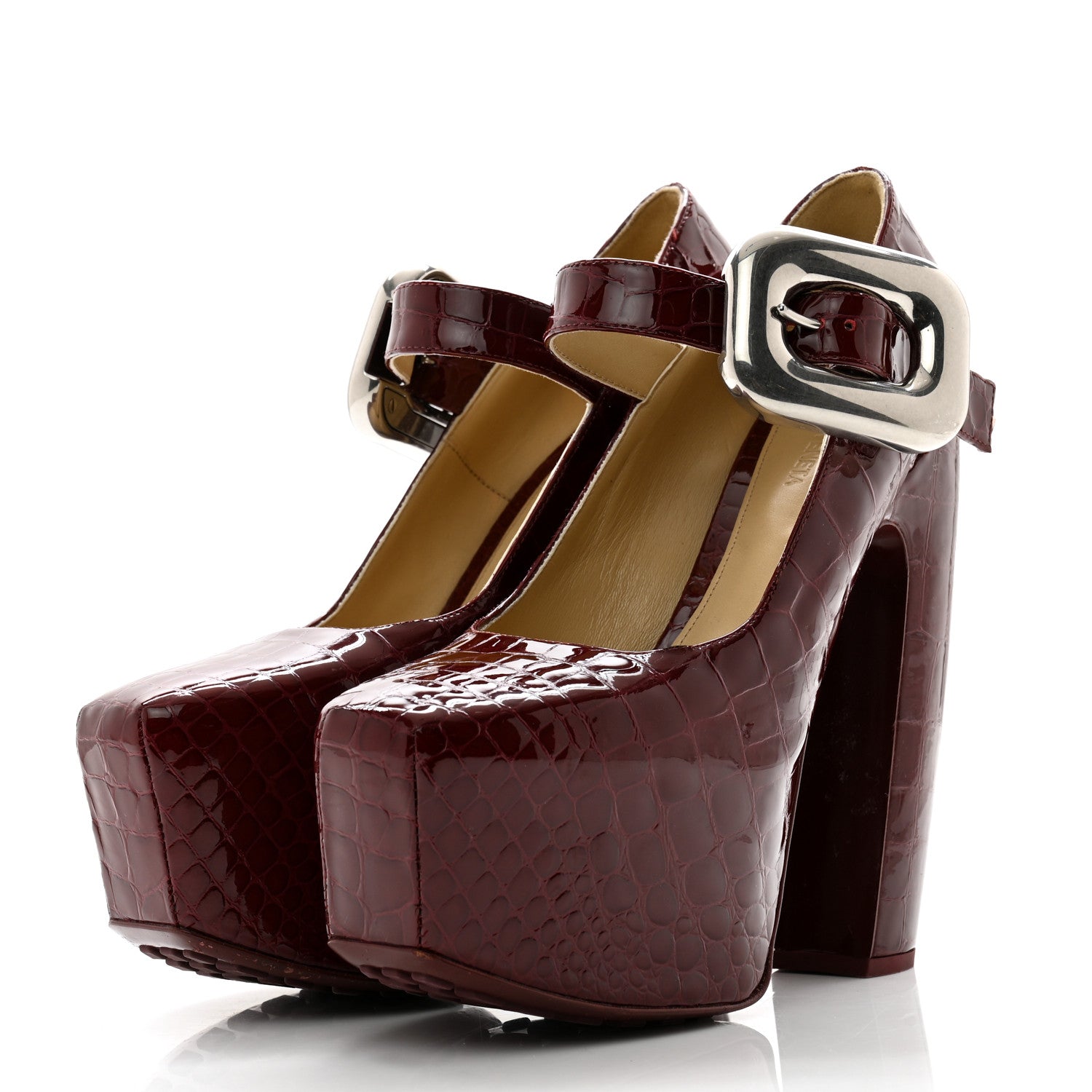 Bottega Veneta Glossy Calfskin Crocodile Embossed Mostra Mary Jane 120 MM Pumps 39.5 Merlot 3 of 10