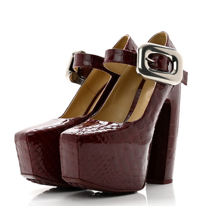 Bottega Veneta Glossy Calfskin Crocodile Embossed Mostra Mary Jane 120 MM Pumps 39.5 Merlot 3 of 10