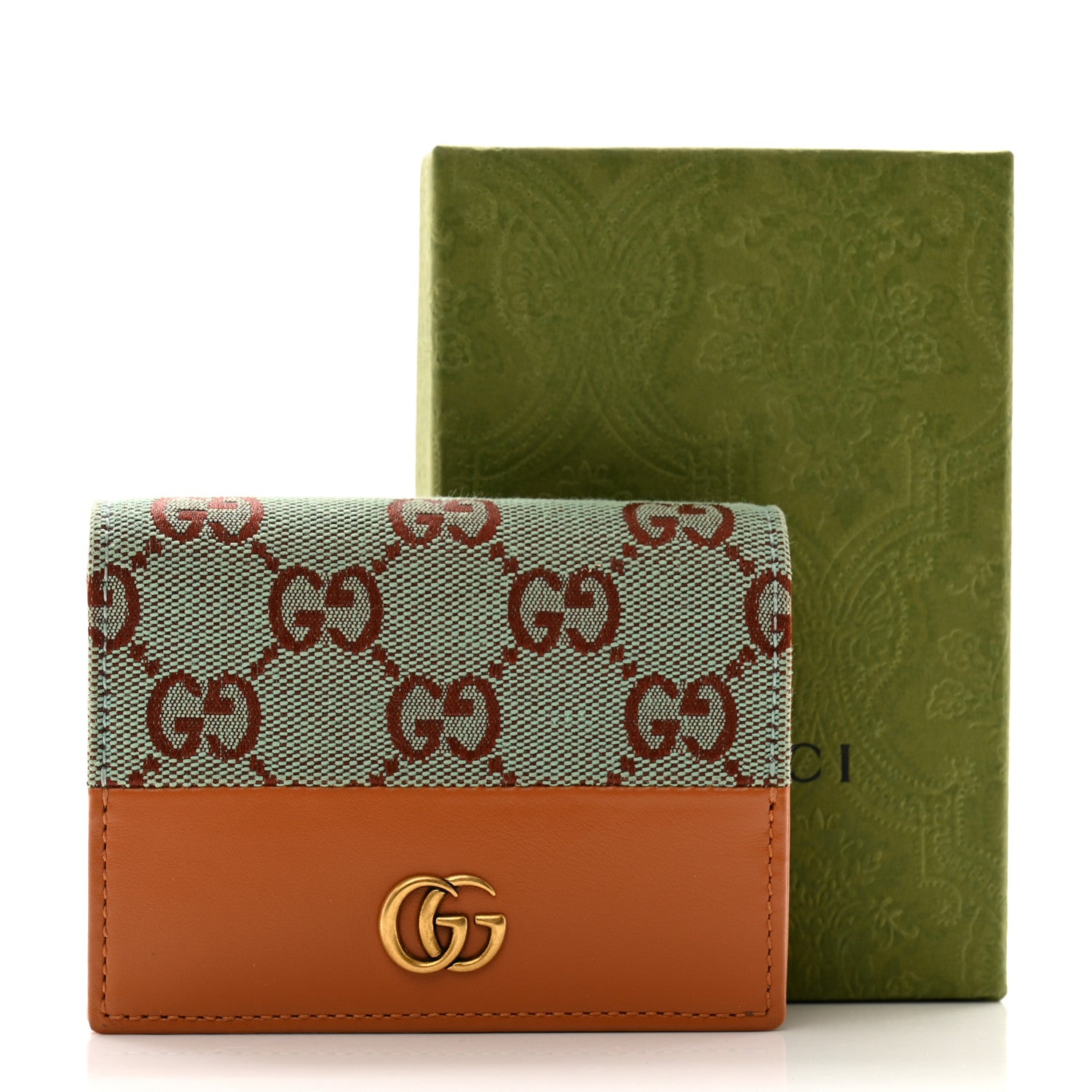 Gucci Moire Calfskin Monogram Bi-Fold Card Case Pale Blue Brown 11 of 11