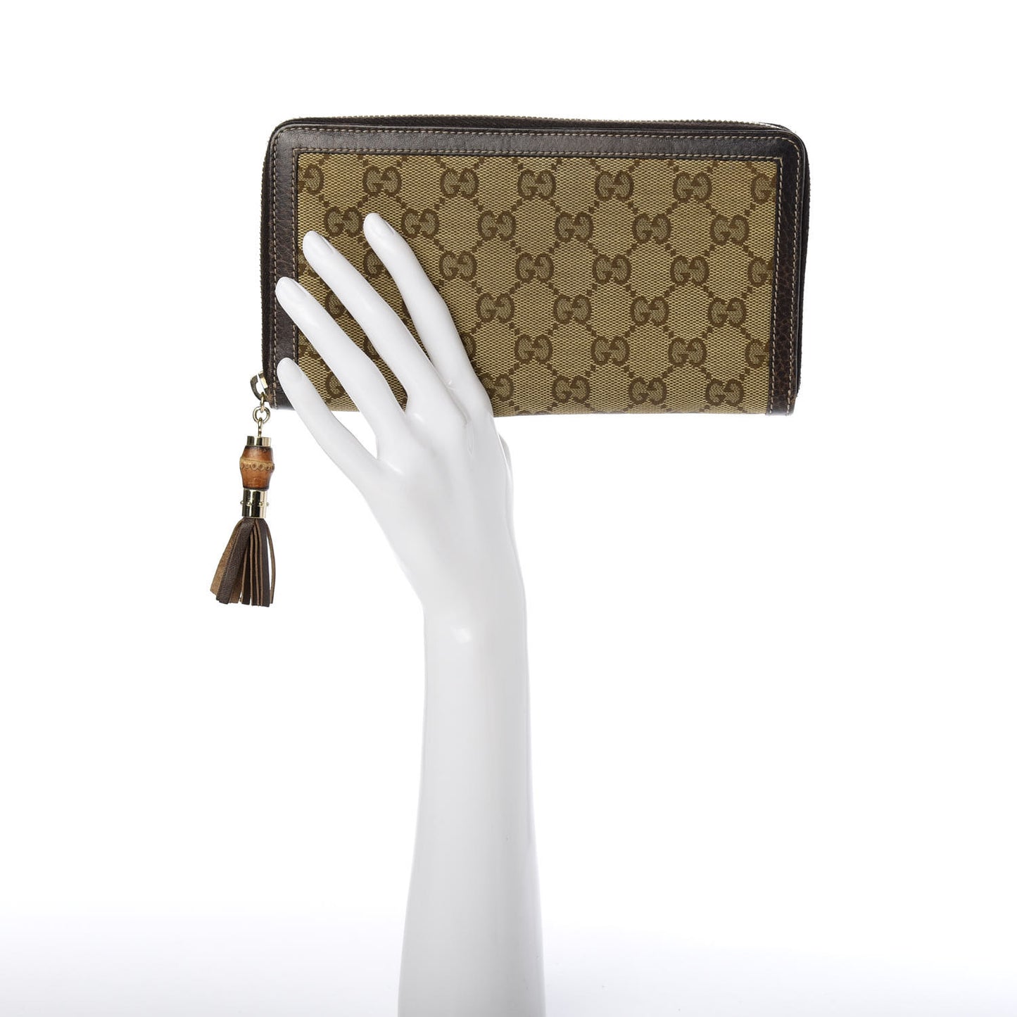 Monogram Calfskin Bamboo Tassel Zip Around Wallet Beige Ebony Chocolate