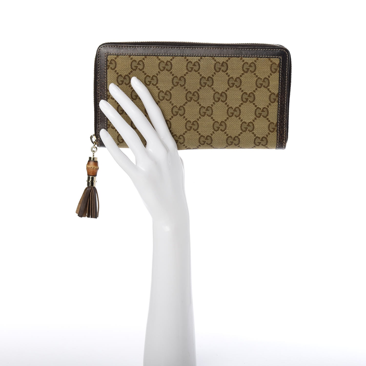 Gucci Monogram Calfskin Bamboo Tassel Zip Around Wallet Beige Ebony Chocolate 2 of 7