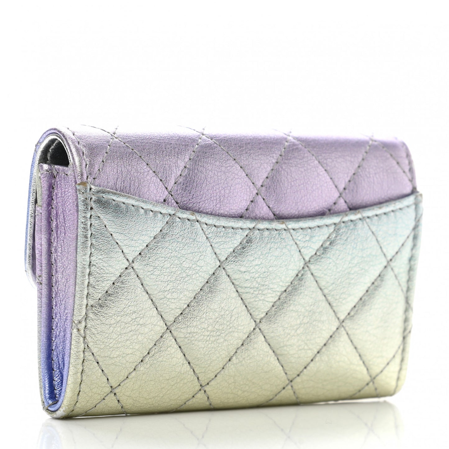 Gradient Metallic Calfskin Quilted Flap Card Holder Wallet Silver Blue Yellow Purple