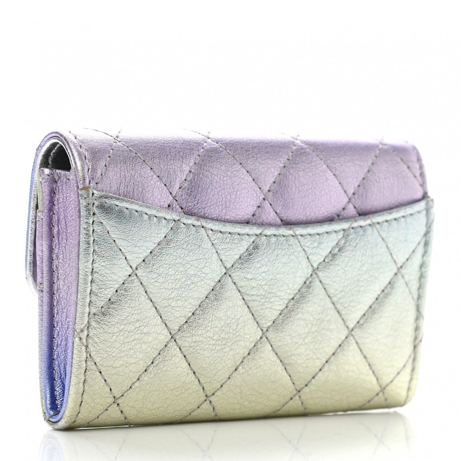 Chanel Gradient Metallic Calfskin Quilted Flap Card Holder Wallet Silver Blue Yellow Purple 3 of 11