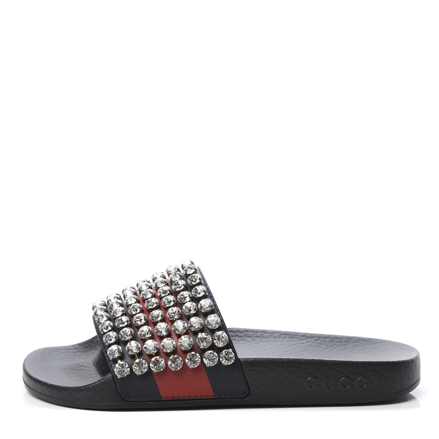 Gucci Calfskin Crystal Embellished Web Slide Sandals 35 Blue Red 1 of 8