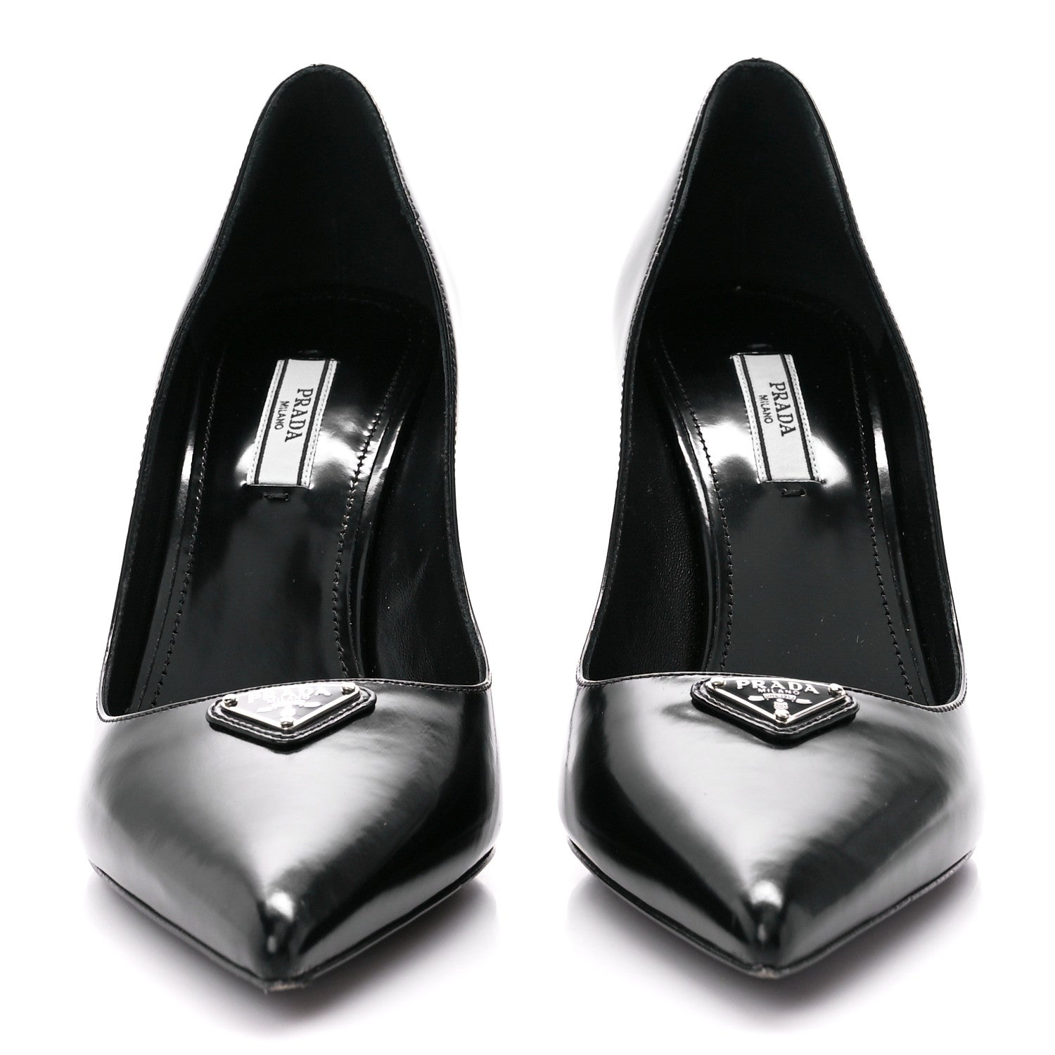 Prada Spazzolato Metal Triangle Logo Pointed Toe 85mm Pumps 39 Black 2 of 8