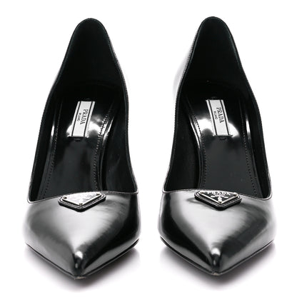 Prada Spazzolato Metal Triangle Logo Pointed Toe 85mm Pumps 39 Black 2 of 8