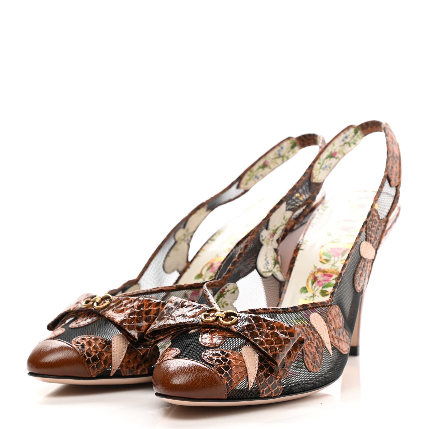 Gucci Malaga Kid Elaphe Lizard Butterflies Mid-Heel Slingback Pumps 37.5 Bright Cuir Black Soft Pink 3 of 8